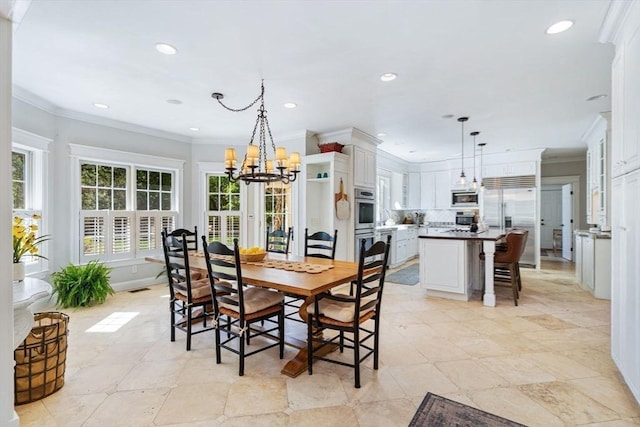 dining area featuring a chandelier, ornamental molding, recessed lighting, baseboards, and light tile patterned flooring