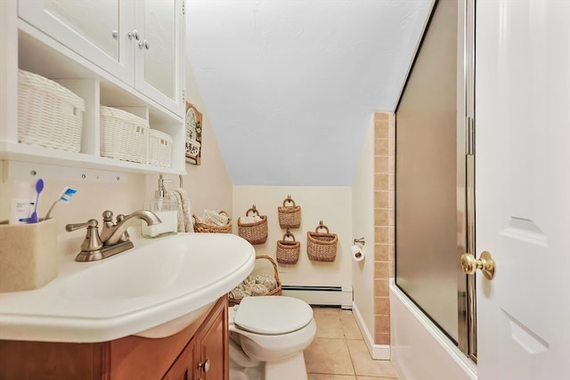 full bathroom featuring vanity, enclosed tub / shower combo, tile patterned flooring, a baseboard radiator, and toilet