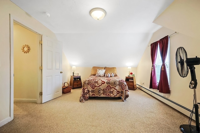 carpeted bedroom featuring a baseboard radiator and lofted ceiling