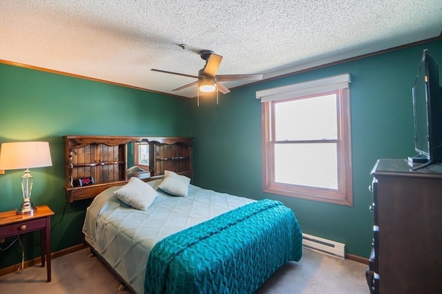 carpeted bedroom featuring a textured ceiling, baseboards, baseboard heating, and ceiling fan