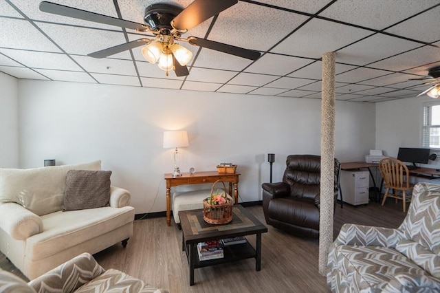 living area with wood finished floors, a ceiling fan, and a drop ceiling