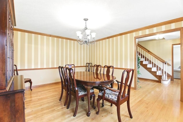 36 Apple Ridge Rd, West Springfield, MA 01089 - dining room featuring a chandelier, light wood-style floors, ornamental molding, wallpapered walls, and stairway