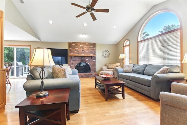 36 Apple Ridge Rd, West Springfield, MA 01089 - living room with a ceiling fan, a brick fireplace, light wood-style floors, high vaulted ceiling, and recessed lighting