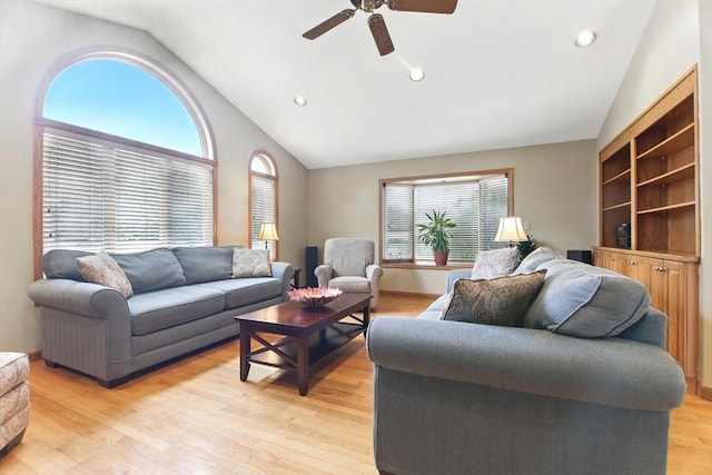 36 Apple Ridge Rd, West Springfield, MA 01089 - living room featuring vaulted ceiling, healthy amount of natural light, ceiling fan, light wood-type flooring, and recessed lighting