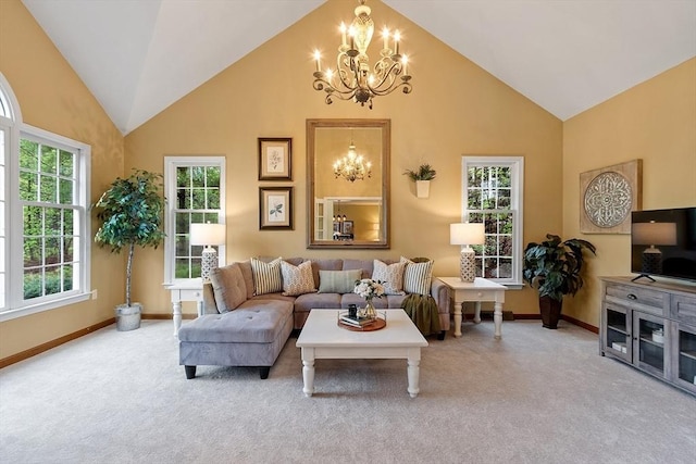 living room featuring a chandelier, baseboards, carpet floors, and high vaulted ceiling