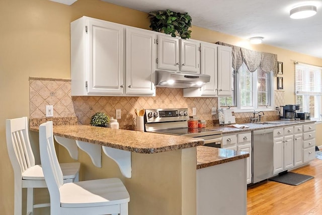 kitchen featuring stainless steel appliances, under cabinet range hood, a sink, white cabinetry, and light wood-style floors