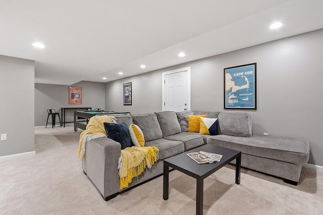 living room featuring recessed lighting, light colored carpet, baseboards, and billiards table