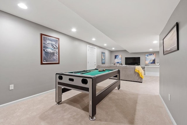 game room with carpet floors, recessed lighting, billiards, and baseboards