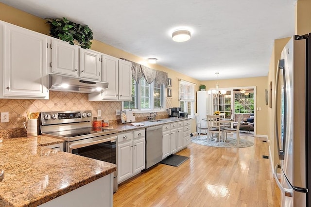 kitchen with under cabinet range hood, stainless steel appliances, light wood-type flooring, and a sink