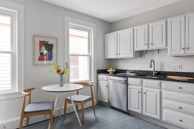 39 Calvin St Unit 3, Somerville, MA 02143 - kitchen with stainless steel dishwasher, white cabinetry, and dark stone countertops