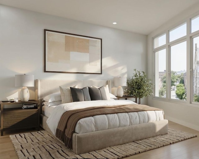 bedroom featuring baseboards, wood finished floors, and recessed lighting