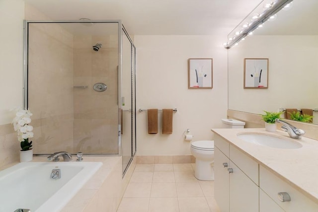 full bathroom featuring tile patterned flooring, vanity, independent shower and bath, and toilet