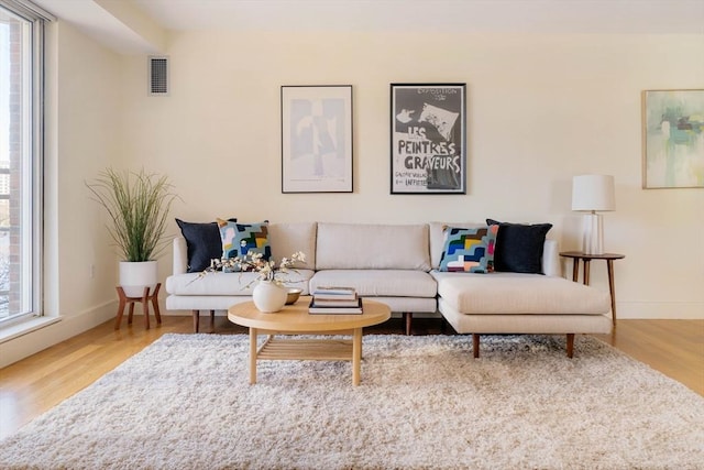 living room with hardwood / wood-style flooring and a wealth of natural light