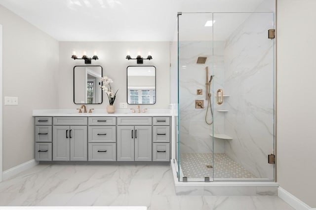 46 Mansfield Ave, Norton, MA 02766 - bathroom with a marble finish shower, marble finish floor, a sink, and baseboards