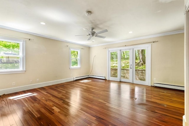 956 Bay Rd Unit 1, Hamilton, MA 01982 - spare room with ornamental molding, a ceiling fan, baseboard heating, baseboards, and wood-type flooring