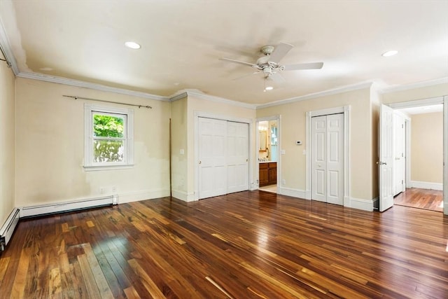 956 Bay Rd Unit 1, Hamilton, MA 01982 - unfurnished bedroom with hardwood / wood-style flooring, two closets, crown molding, baseboards, and recessed lighting