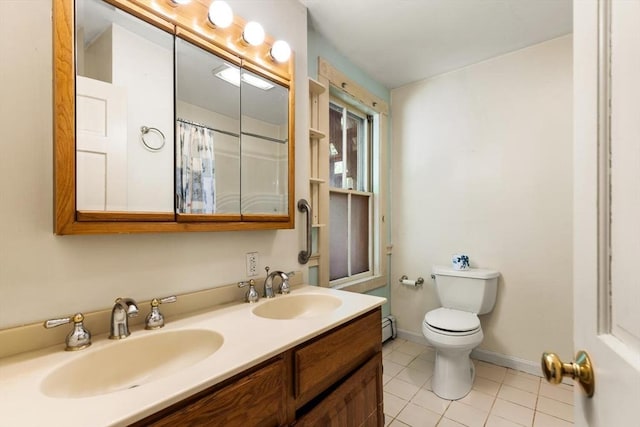 956 Bay Rd Unit 1, Hamilton, MA 01982 - full bath featuring tile patterned floors, toilet, baseboards, double vanity, and a baseboard radiator