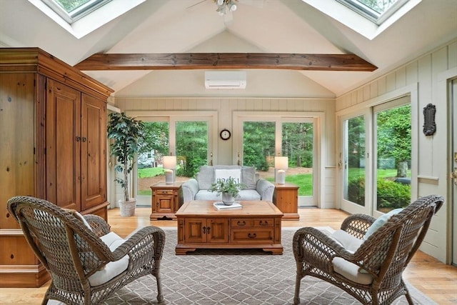 56 R F Higgins Dr, Norwell, MA 02061 - sunroom / solarium featuring a skylight, a wall mounted air conditioner, wood finished floors, french doors, and wooden walls