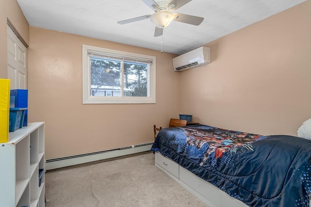 bedroom featuring a wall unit AC, a baseboard heating unit, a ceiling fan, and light colored carpet