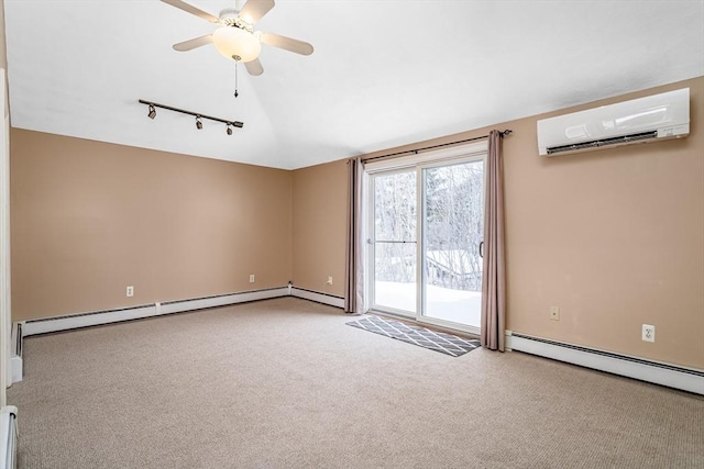 unfurnished room featuring a baseboard radiator, an AC wall unit, light colored carpet, and lofted ceiling