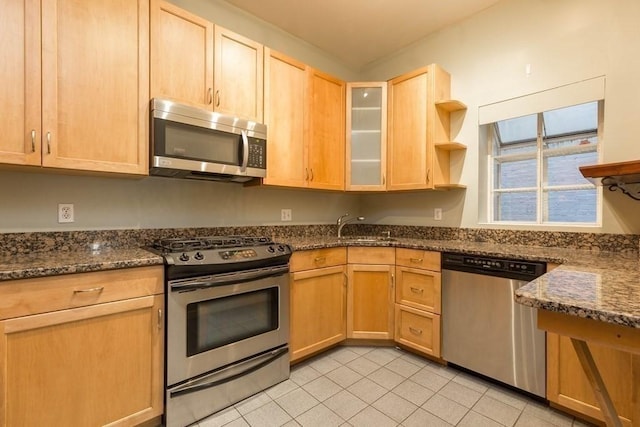15 Blackwood Unit 2, Boston, MA 02115 - kitchen featuring appliances with stainless steel finishes, light brown cabinets, light tile patterned flooring, open shelves, and a sink