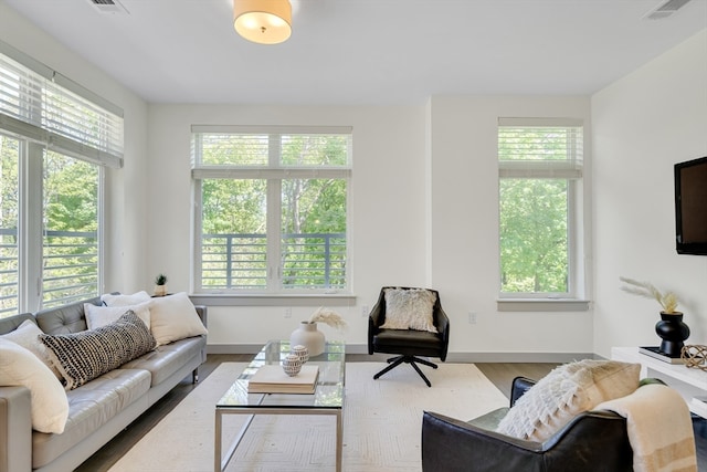 living room featuring a healthy amount of sunlight and hardwood / wood-style flooring