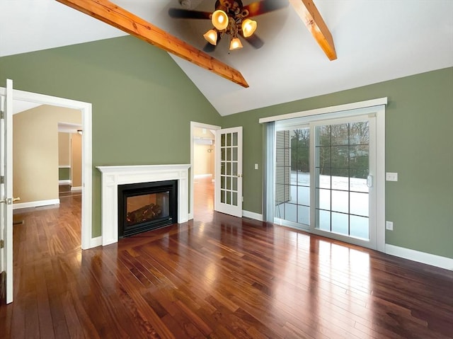 unfurnished living room with dark wood-type flooring, lofted ceiling with beams, and ceiling fan