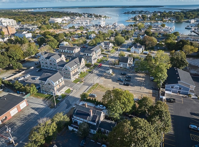 bird's eye view with a water view