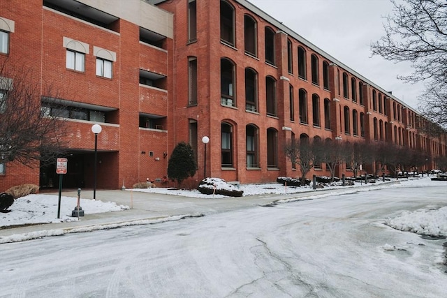 view of snow covered building