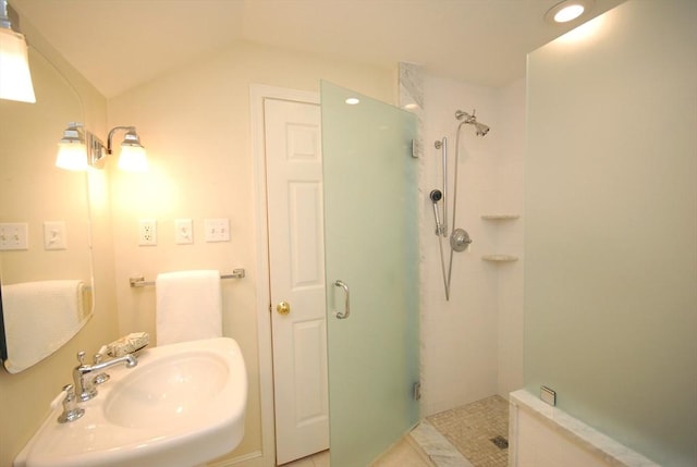 15 Edmonds Rd Unit 15, Concord, MA 01742 - bathroom featuring a shower stall, a sink, vaulted ceiling, and recessed lighting