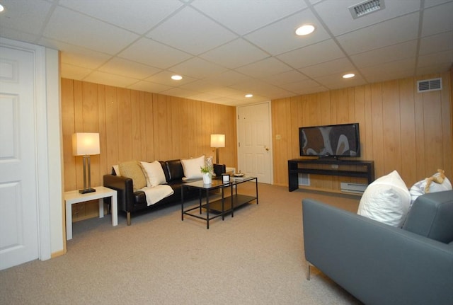 15 Edmonds Rd Unit 15, Concord, MA 01742 - living room featuring carpet flooring, a drop ceiling, recessed lighting, and wooden walls