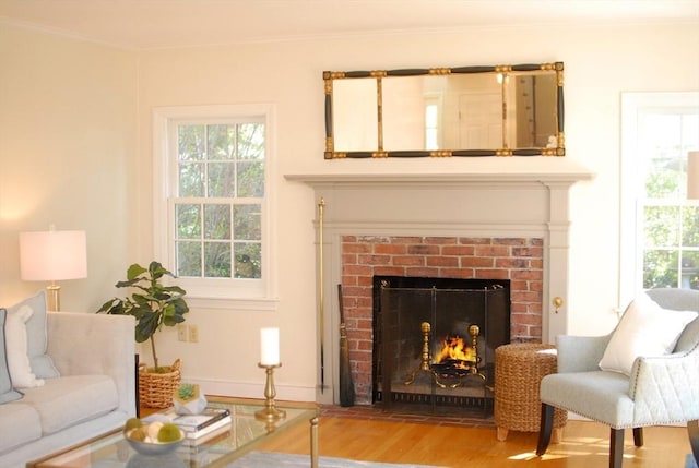 15 Edmonds Rd Unit 15, Concord, MA 01742 - living area with wood finished floors, a brick fireplace, crown molding, and baseboards