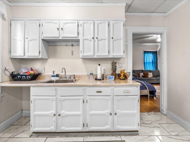 kitchen featuring sink, white cabinets, and crown molding