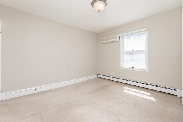 unfurnished room featuring baseboards, a baseboard heating unit, a wall mounted AC, and carpet