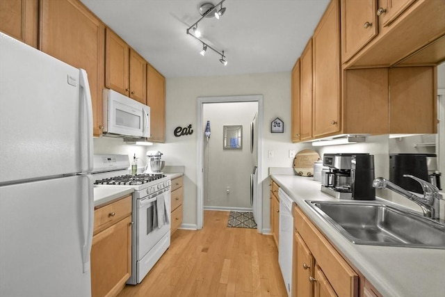 kitchen with white appliances, track lighting, light hardwood / wood-style flooring, and sink