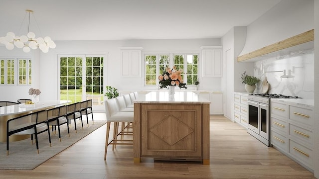 kitchen with premium range hood, gas range gas stove, a healthy amount of sunlight, and light wood finished floors