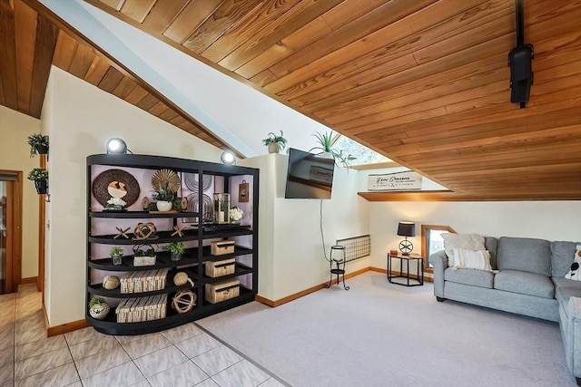 interior space with carpet floors, wood ceiling, baseboards, and vaulted ceiling