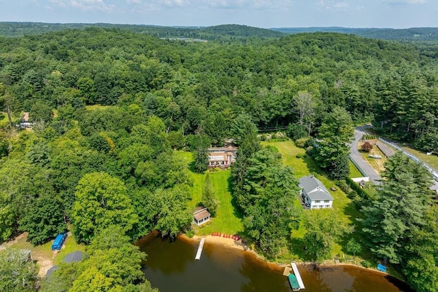 drone / aerial view featuring a water view and a wooded view