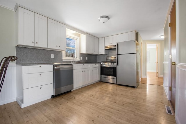 kitchen with decorative backsplash, stainless steel appliances, white cabinets, and light wood-type flooring