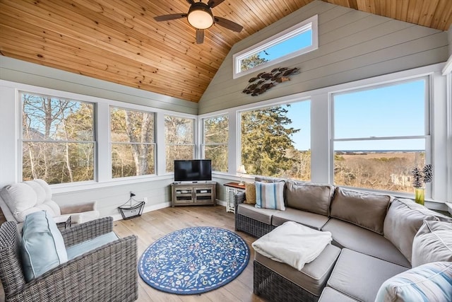 sunroom with lofted ceiling, wood ceiling, and ceiling fan