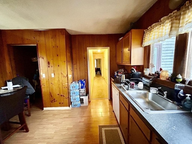 kitchen with dishwasher, light hardwood / wood-style floors, sink, and wooden walls