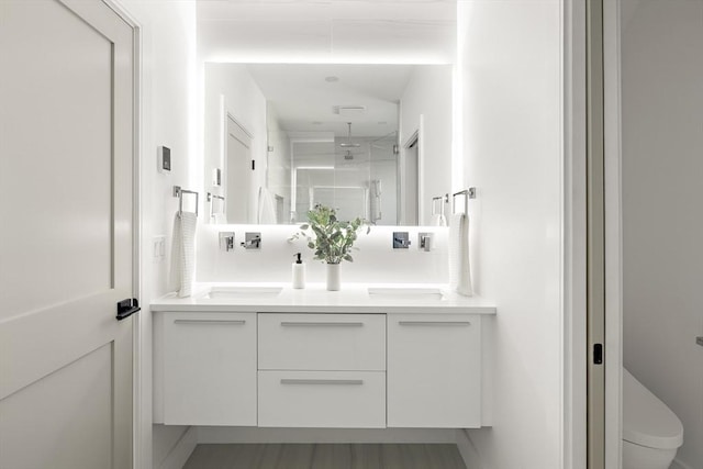 bathroom with vanity, toilet, and a shower with door