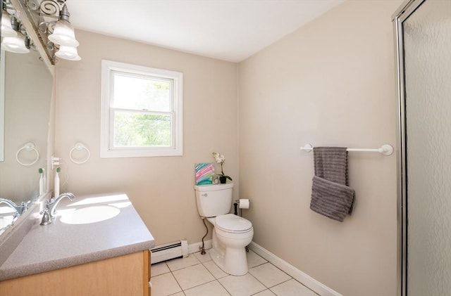 bathroom featuring tile patterned flooring, vanity, toilet, baseboards, and a baseboard radiator
