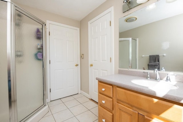 full bath with vanity, tile patterned floors, and a shower stall