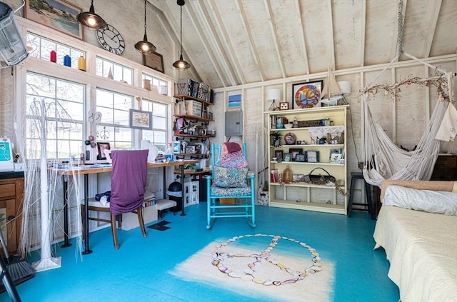 living area featuring high vaulted ceiling