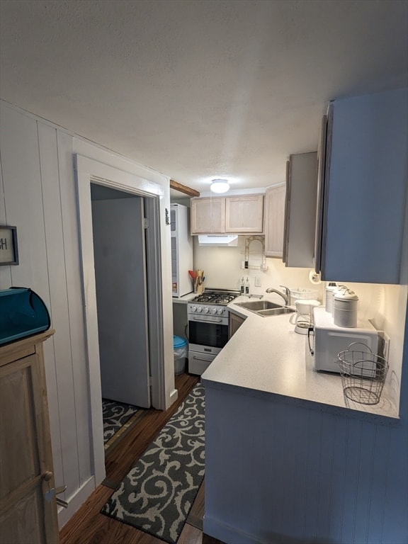 kitchen with stainless steel gas stove, sink, dark hardwood / wood-style floors, and kitchen peninsula