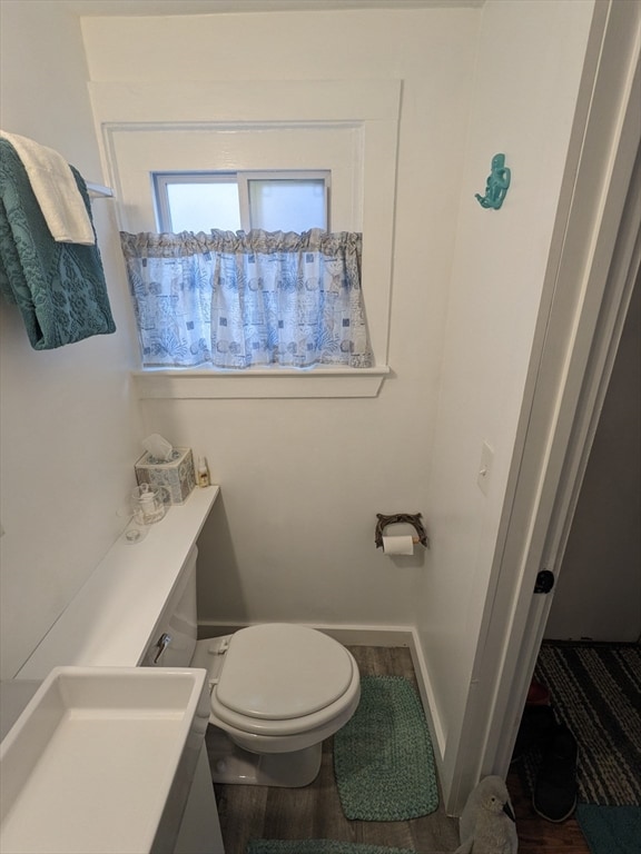 bathroom with wood-type flooring, toilet, and vanity