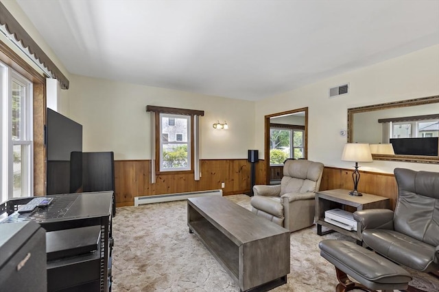 living area with wainscoting, a baseboard heating unit, and wooden walls