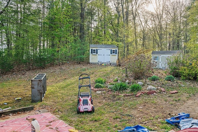 view of yard featuring a storage shed and an outdoor structure