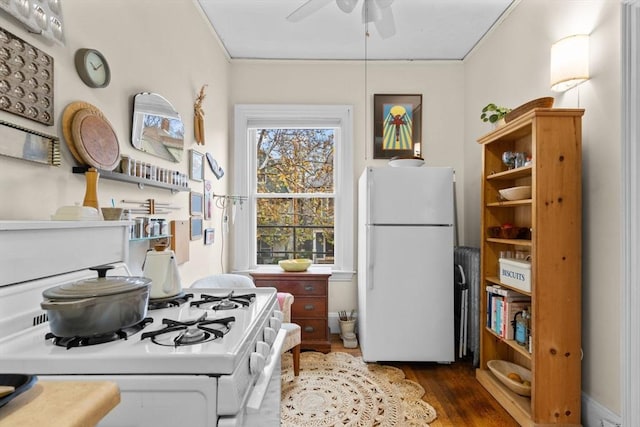 kitchen with ceiling fan, crown molding, dark hardwood / wood-style floors, and white appliances